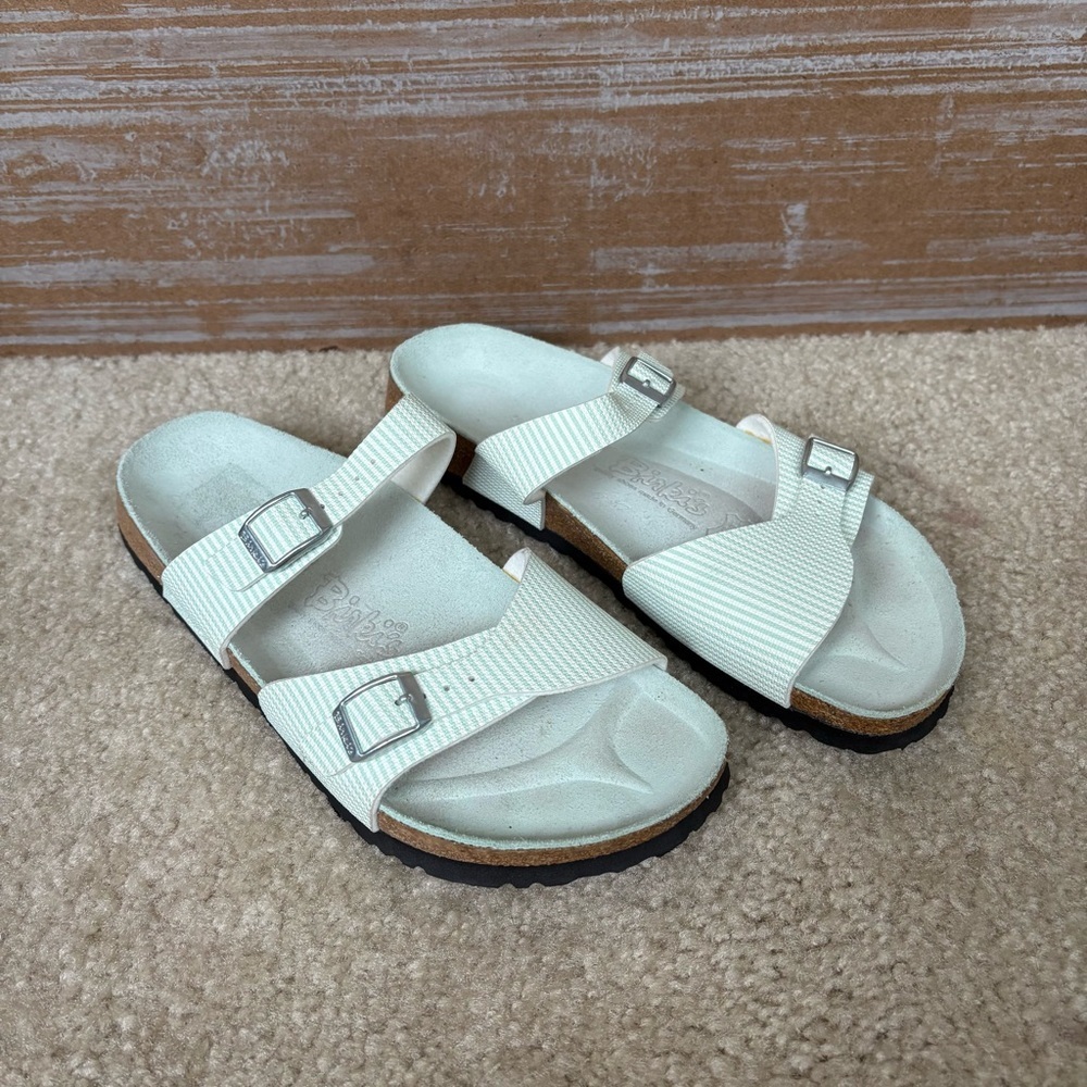 Birki’s Birkenstock Lille Striped Sandals Pale Green Comfort Walking Womens 10